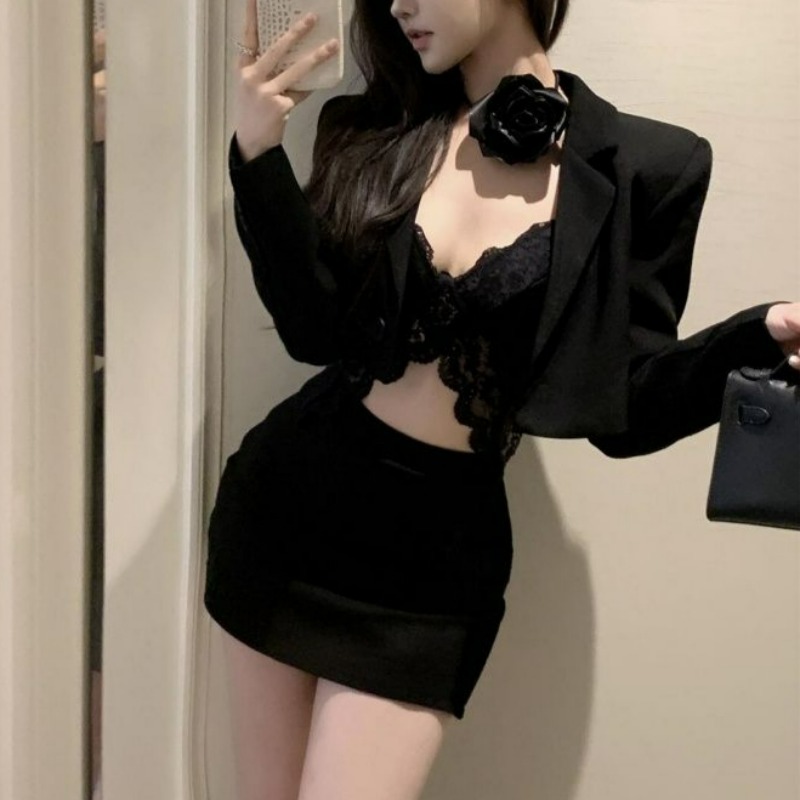 Lace Bralette Set - Blazer negro de primavera, Bralette de