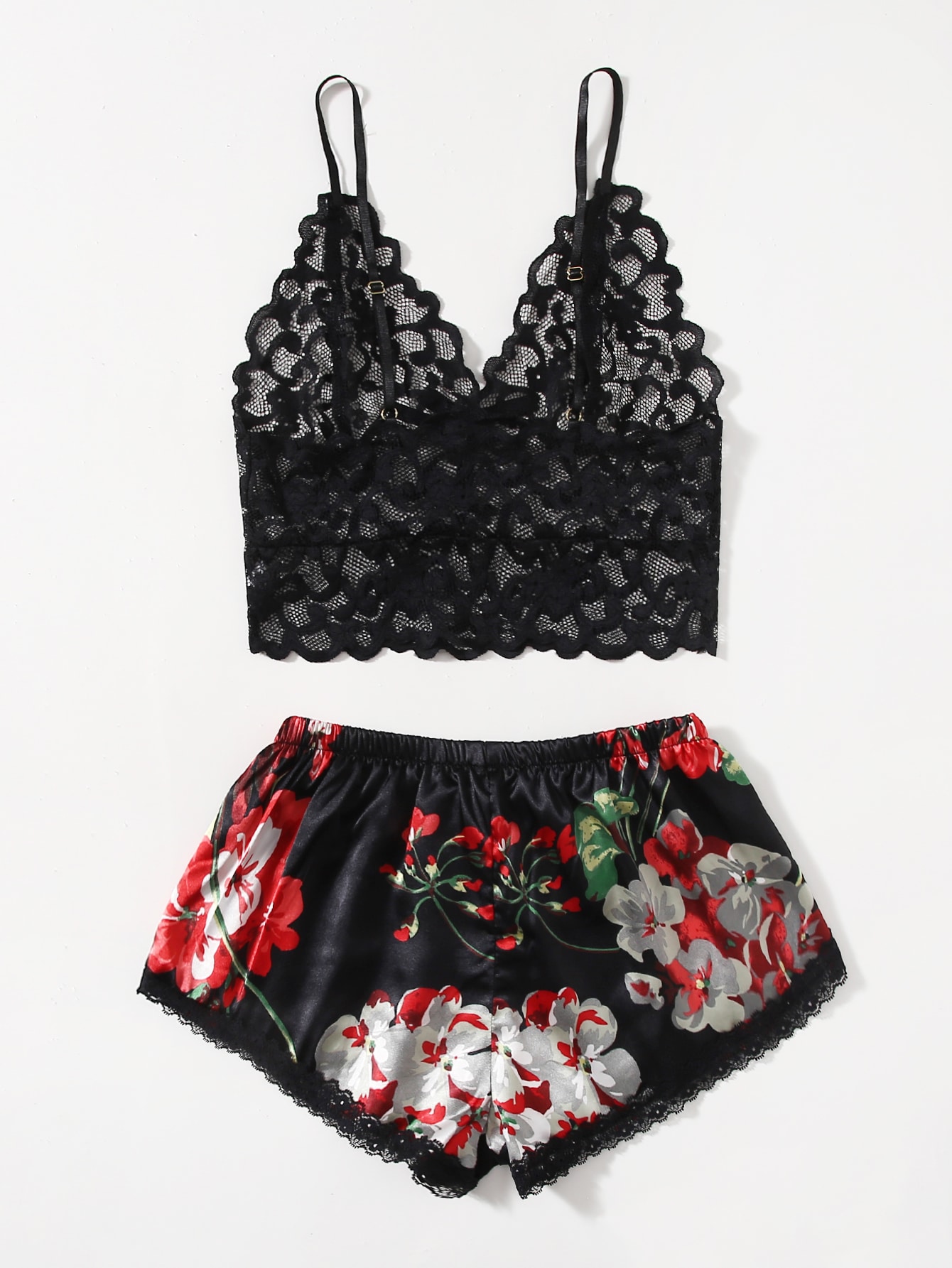 Lace Bralette Set - Conjunto de pijama de encaje floral